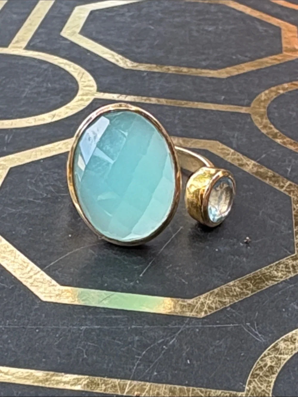 OS Gold-Accent Aqua Blue Open Ring ~ Adjustable
